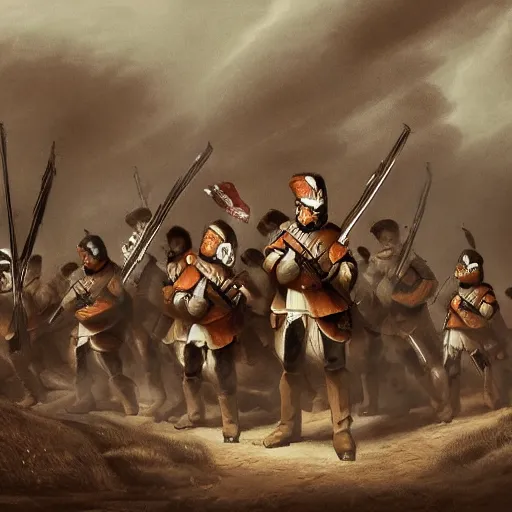 Image similar to 3 footsoldiers stand against a horde, illustration, beautiful