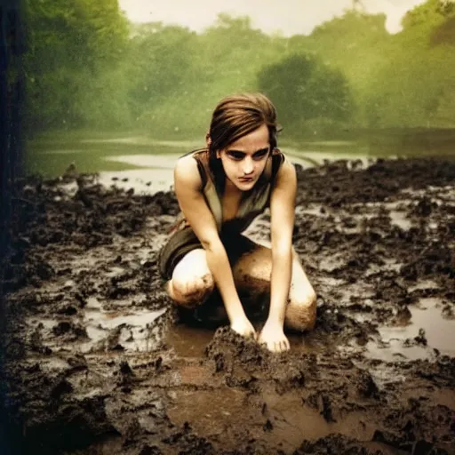 Prompt: emma watson rising out of muddy vietnam river, face covered in mud, low camera angle at water level, night time, polaroid,