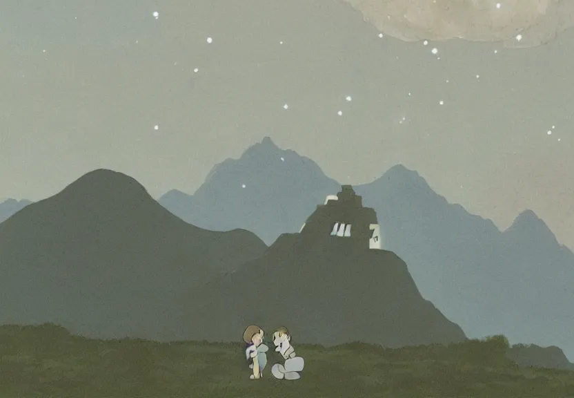 Prompt: a still from a studio ghibli film showing one giant grey ufo. in the background is machu pichu on a misty and starry night. by studio ghibli. very dull muted colors