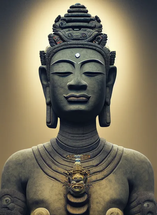 Image similar to Gigantic Aztec Buddha Deity with 8 arms, extremly detailed oil painting, in the style of Fenghua Zhong and Ruan Jia and Jeremy Lipking, rim light, beautiful lighting, mystic, 8k, stunning scene, raytracing, octane, trending on artstation