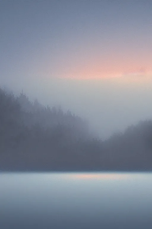 Image similar to misty fog over a lake at night, land in the distance, cherry blossoms, illustration, light beams, simple, minimalist, digital art, oil painting, fantasy, 8 k, trending on artstation, detailed