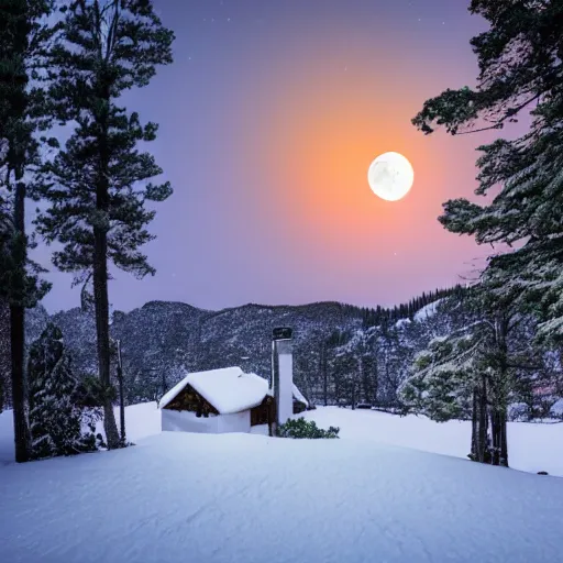 Prompt: cabin in the snowy mountains with wolves in the background under a full moon with pine trees