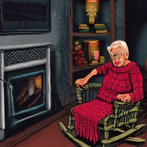 Image similar to terrifying old witch knits a sweater of worms in a rocking chair illuminated by the glow of the fireplace