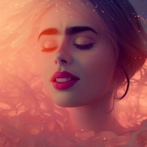 Prompt: a beautiful blonde queen girl lily collins, floating under the deep dream water, beautiful smooth soft light + white petal, oil paint, cinematic lighting, octane render, unreal engine 5, closeup, 4 k, highly detailed, instagram,