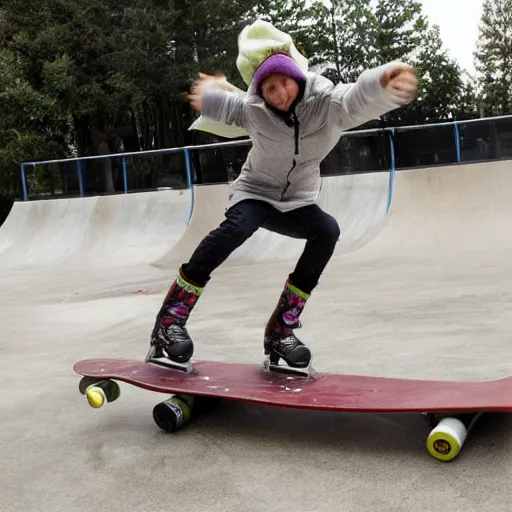 Prompt: a frozen turkey duct taped to a skate board doing tricks in a skate park