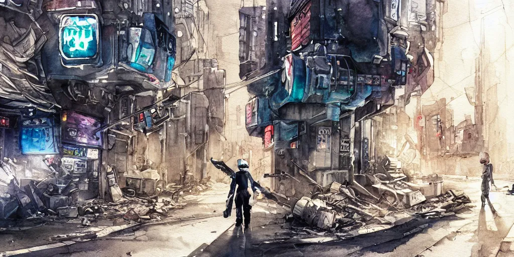 Image similar to watercolour painting of a broken robot repairing its own arm in a post apocalyptic city street, anime, pencil lines, light watercolour, pale sky, dirty streets, beautiful artwork, anime screenshot, akihabara, remaster