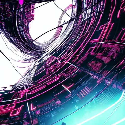 Image similar to Perfect circle portal leading to a vast neon cyberpunk Tokyo in style of Tsutomu Nihei. Cyberpunk, vertical symmetry, 8K, Highly Detailed, Intricate, Vivid.