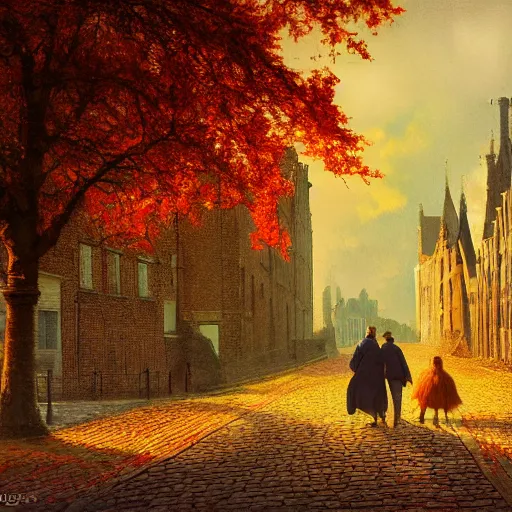 Image similar to 2 hedgehogs walking across the street in Bruges, Belgium, in the style of Greg Rutkowski, autumn, evening, romantic