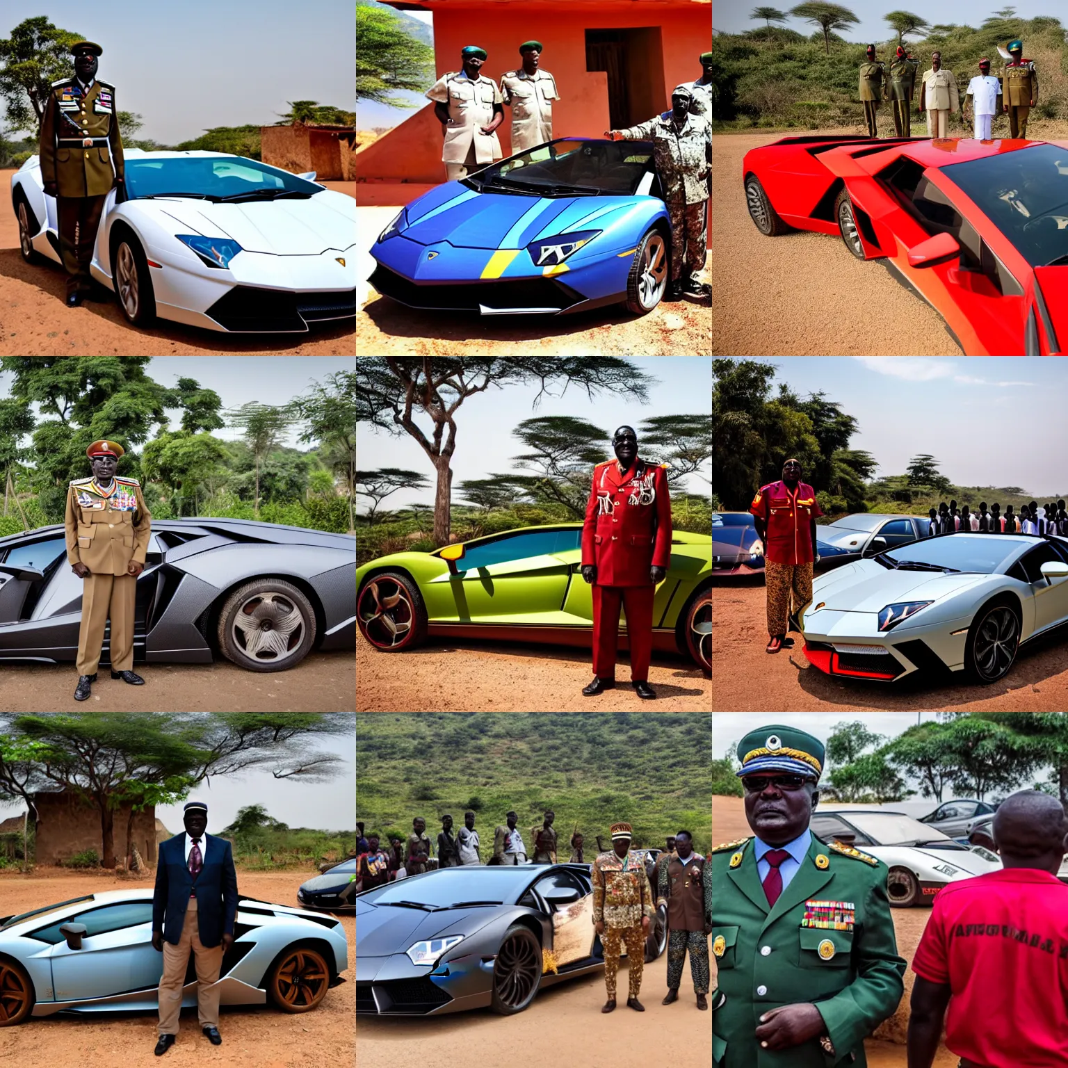 Prompt: High-quality photography of an African dictator dressed as a general posing next to his Lamborghini Aventador in an African village and surrounded by curious villagers