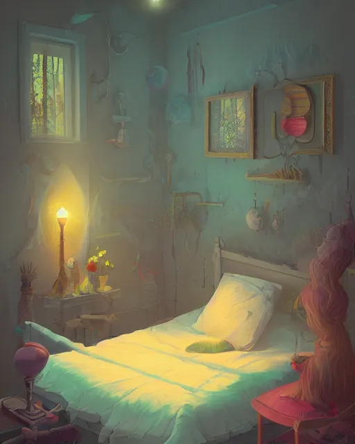 Prompt: beautiful painting of a elven bedroom, art by mike winkelmann, colorful, illustration, highly detailed, simple, smooth and clean vector curves, no jagged lines, vector art, smooth, artstation
