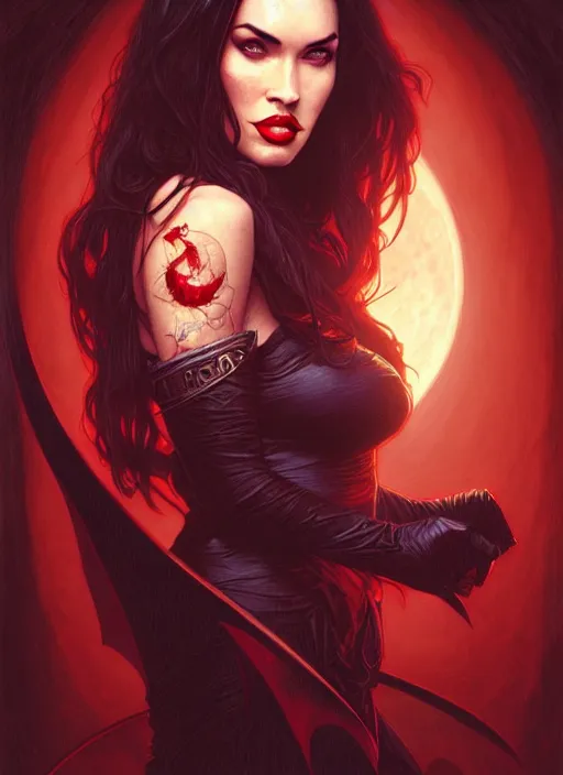 Image similar to portrait of megan fox as vampire queen, bats, dracula, blood, full moon, intricate, headshot, highly detailed, digital painting, artstation, concept art, sharp focus, cinematic lighting, illustration, art by artgerm and greg rutkowski, alphonse mucha, cgsociety