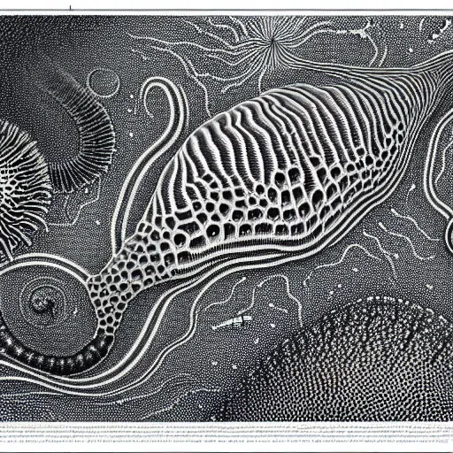Image similar to a black and white drawing of a variety of sea life and filled with technological space equipment, a microscopic photo by ernst haeckel, zbrush central, kinetic pointillism, bioluminescence, intricate patterns, photoillustration