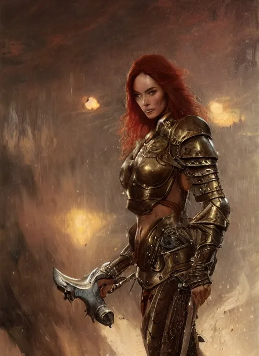 Image similar to short muscular redheaded woman wearing realistic medieval armour, megan fox, detailed by gaston bussiere, bayard wu, greg rutkowski, giger, maxim verehin, greg rutkowski, masterpiece, sharp focus, cinematic lightning