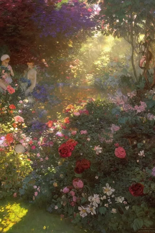 Image similar to a beautiful painting of a garden, ray of light, warm, shimmering and prismatic, rococo, by krenz cushart and mucha and monet, trending on artstation.