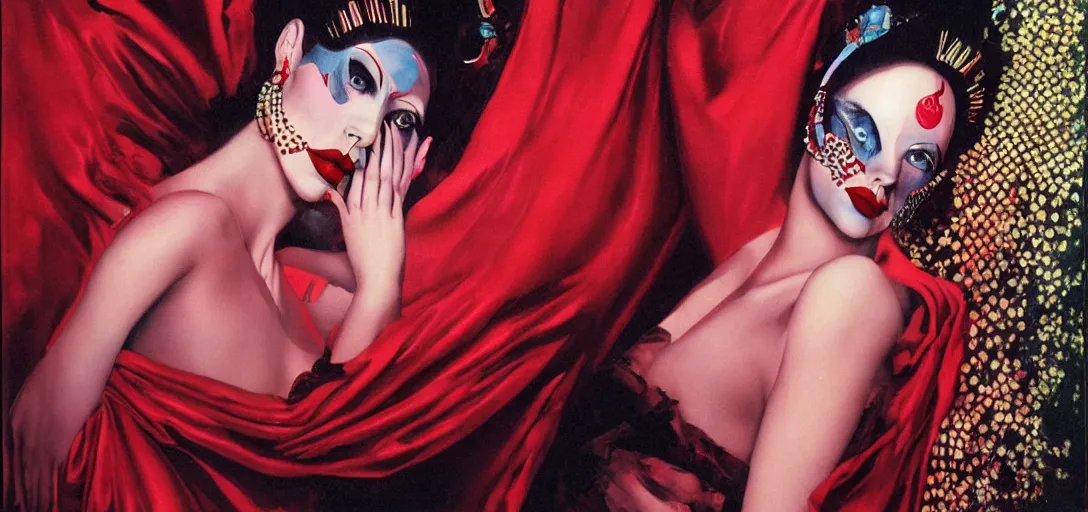 Prompt: an 8 0 s portrait of a woman with dark eye - shadow and red lips with dark slicked back hair with a beaded curtain mask dreaming acid - fueled hallucinations by serge lutens, rolf armstrong, delphin enjolras, peter elson, flat surreal psychedelic colors, background of classic red cloth