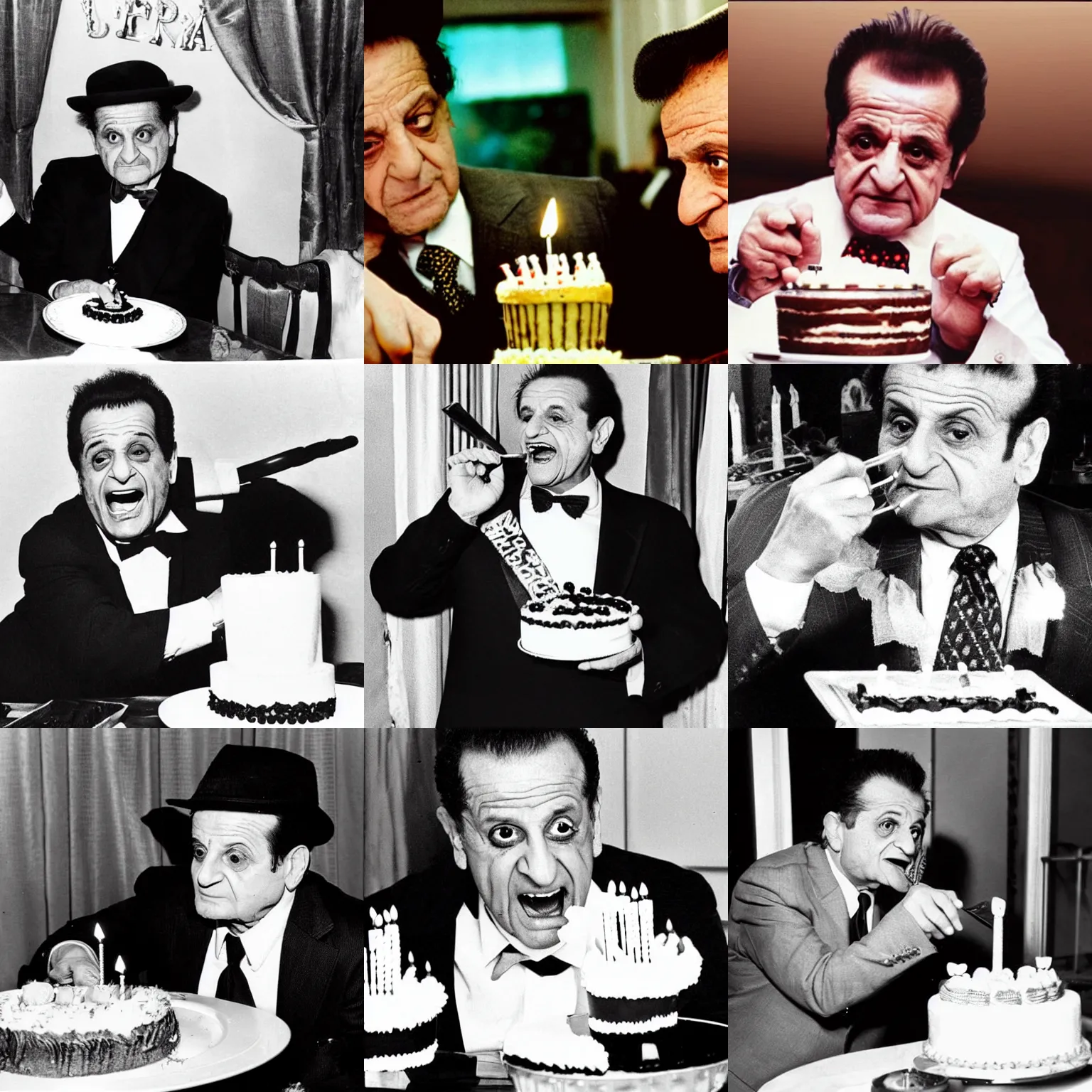 Prompt: a real photograph of Joe pesci dressed like a mobster, eating a birthday cake