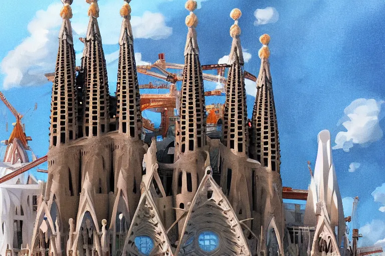 Prompt: basilica de la sagrada familia. 4 k digital paint by studio ghibli hayao miyazaki. very sharp and detailed. trending on artstation and behance.