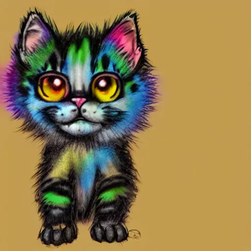 Image similar to wide angle full body, of a fluffy cute rainbow kitten wearing a black motorcycle jacket, concept art