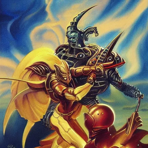 Image similar to a knight battling an alien king painting by boris vallejo & julie bell