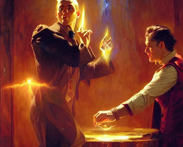 Prompt: attractive magician man, casting light magic, summoning a handsome god. highly detailed painting by gaston bussiere, craig mullins, j. c. leyendecker 8 k