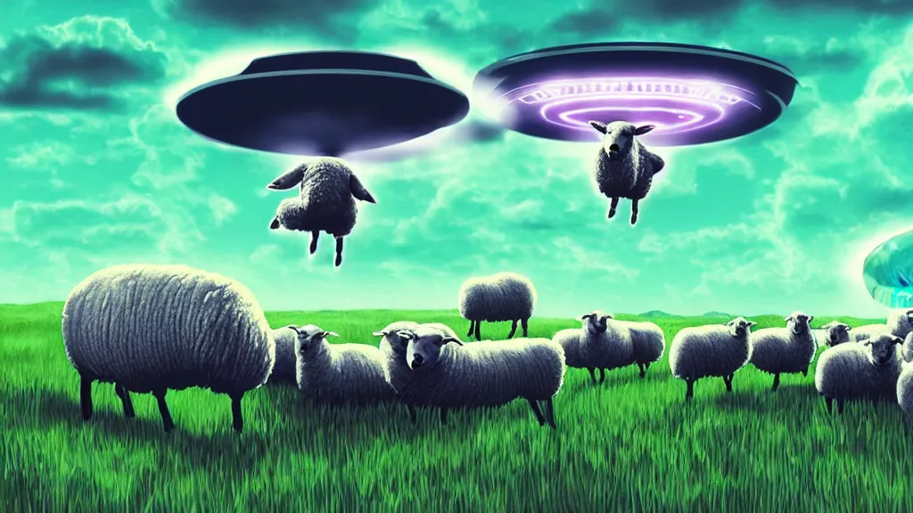 Image similar to sheep in a field being abducted by a ufo!, hyper energy, punk aesthetic, concept art, sharp focus, illustration,