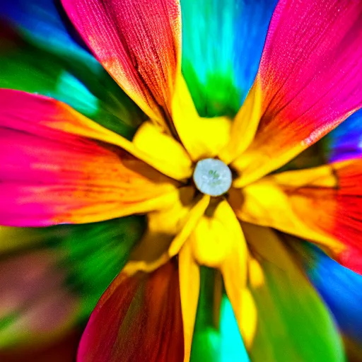 Prompt: closeup photo of rainbow - colored flower with 7 petals, held by hand, shallow depth of field, cinematic, 8 0 mm, f 1. 8
