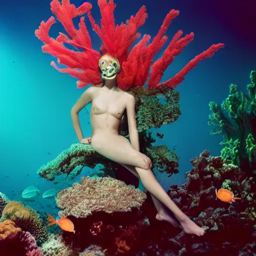 Image similar to medium format photograph of a surreal fashion shoot underwater with tropical fish and coral reefs and electricity