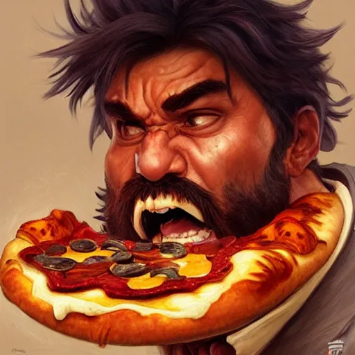 Image similar to portrait of gritty opening his mouth to eat pizza, highly detailed, digital painting, artstation, concept art, sharp focus, illustration, art by artgerm and greg rutkowski and alphonse mucha