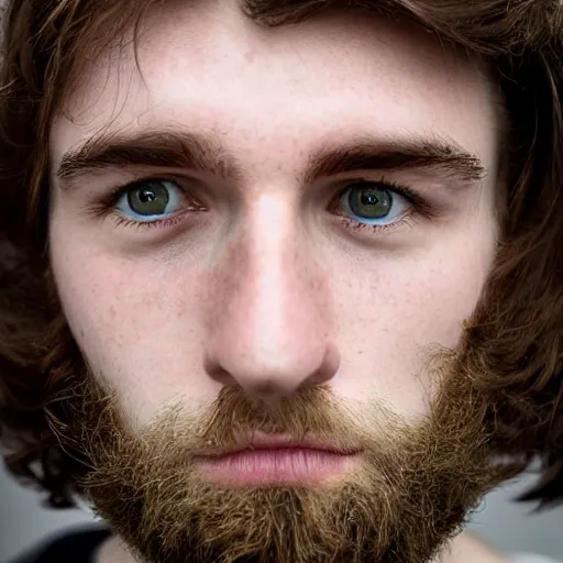 Prompt: 2 0 year old irish man with long face, long brown hair, strong chin, grey eyes, stubble