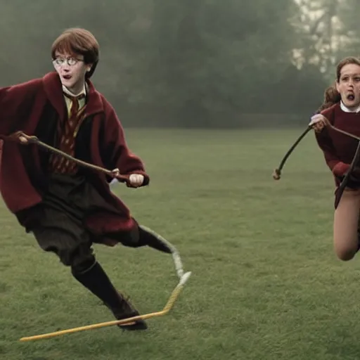 Prompt: harry potter in a quiddich match being chased by jaja binx