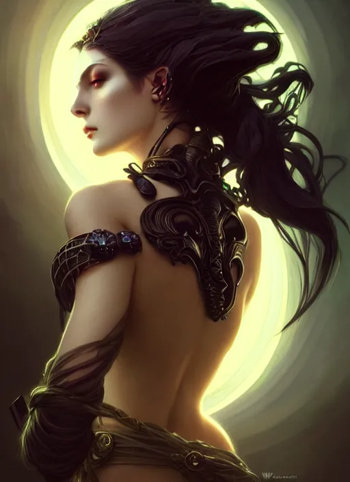 Image similar to a beautiful cinematic female Necromancer Sorceress goddess of death, fantasy magic, undercut hairstyle, dark light night, intricate, elegant, sharp focus, illustration, highly detailed, digital painting, concept art, matte, art by WLOP and Artgerm and Greg Rutkowski and Alphonse Mucha, masterpiece