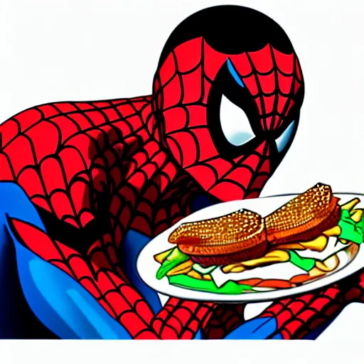 Prompt: spiderman eating greasy food from arby's restaurant, photorealistic, highly detailed,