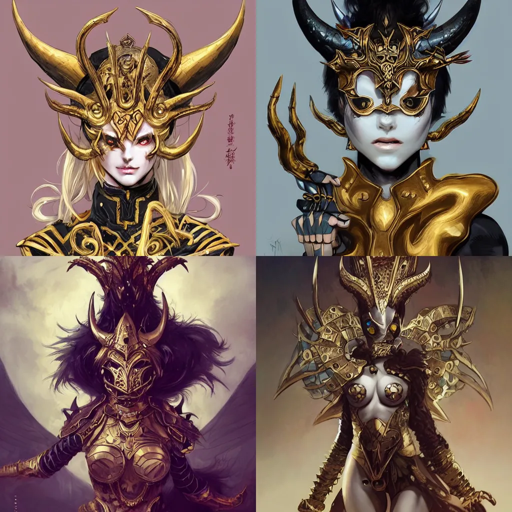 Prompt: A highly detailed masked demon woman with horns and a gold design on her mask, fully armored, manga, by Akihiko Yoshida and Peter Mohrbacher, trending in artstation