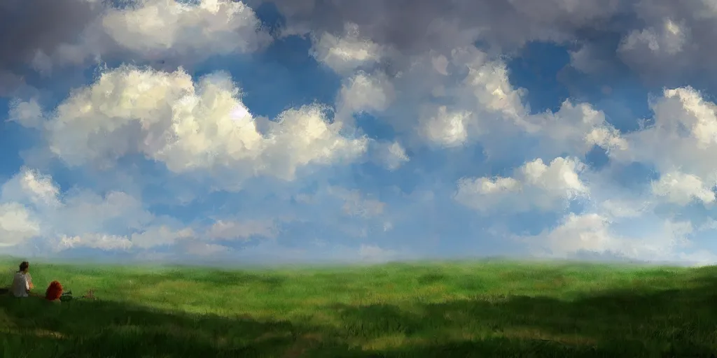 Image similar to peaceful puffy clouds, mate painting, concept art, 4K