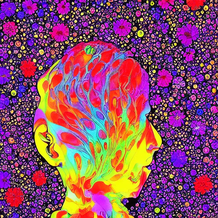 Image similar to illustration of a colorful melting human head. flowers and blossoms, ferrofluids, burning water distortions. intricate abstract. intricate artwork by katsuhiro tomo