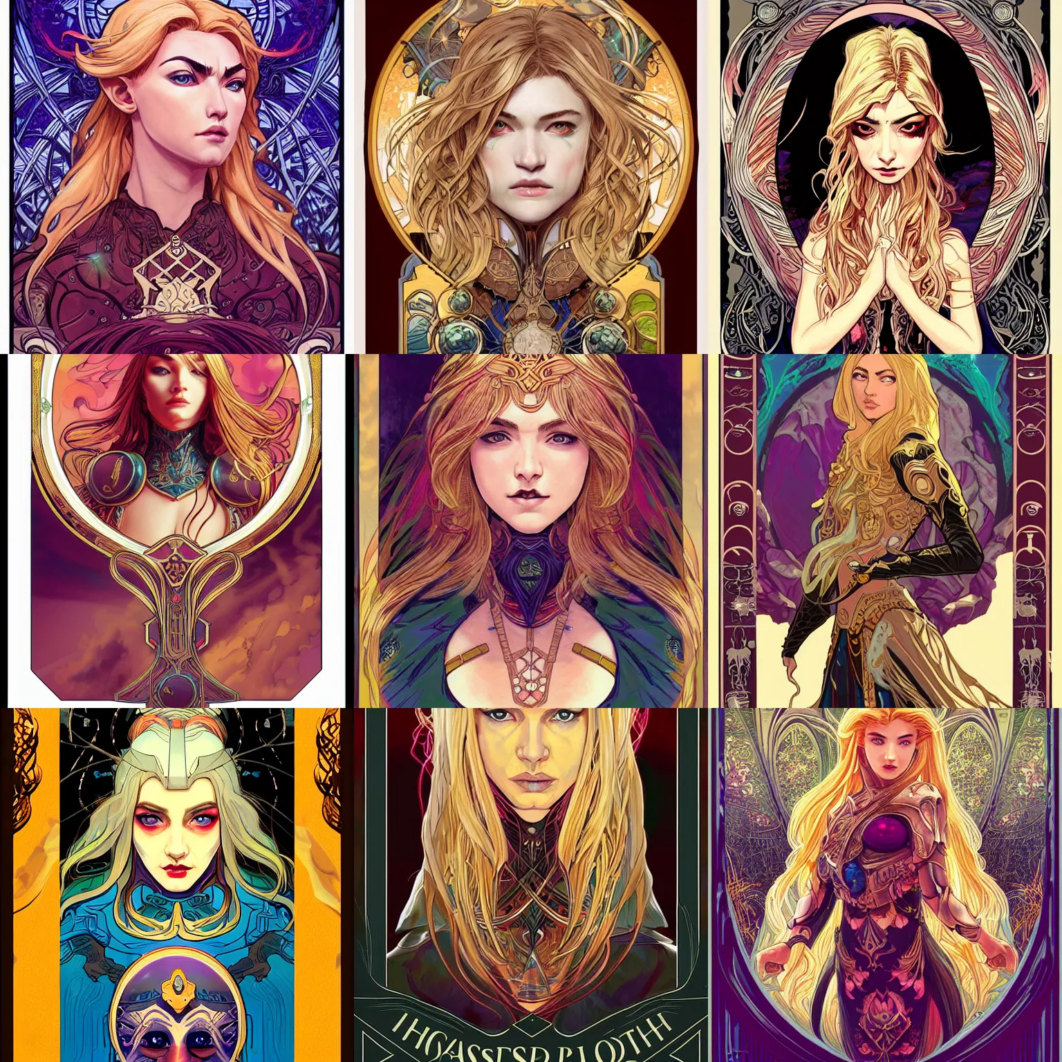 Prompt: masterpiece head-on symmetrical centered painted portrait, Imogen Poots as Elden Ring paladin, blonde hair, elegant, in the style of Moebius and Mohrbacher and ROSSDRAWS and Ross Tran and Alphonse Mucha and Ayami Kojima, Pixar style, Maya engine, splash comics style, tarot card style, Art Nouveau, rich bright colours