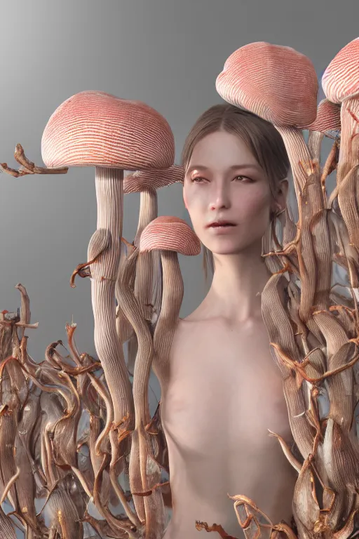 Image similar to ultra realistic 3 d render of porcelain women infected with cordyceps fungus, mushrooms, floral, beautiful, elegant