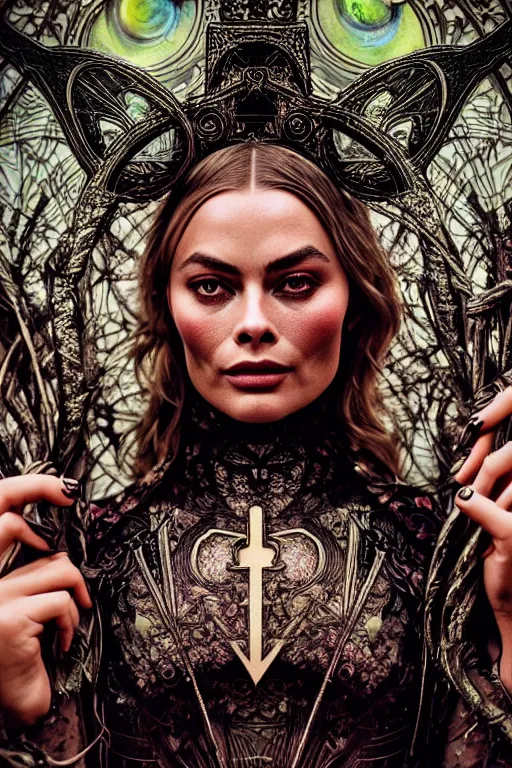 Image similar to Cinestill 50d, 8K, highly detailed, major arcana H.R Giger art nouveau nightmare Agnieszka Lorek tarot star card style 3/4 extreme closeup portrait of margot robbie, eye contact, focus on model, tilt shift background: famous major arcana tarot remake, transformation scene