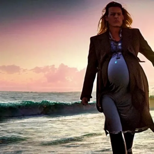 Image similar to stunning awe inspiring johnny depp pregnant maternity photo, movie still 8 k hdr atmospheric lighting