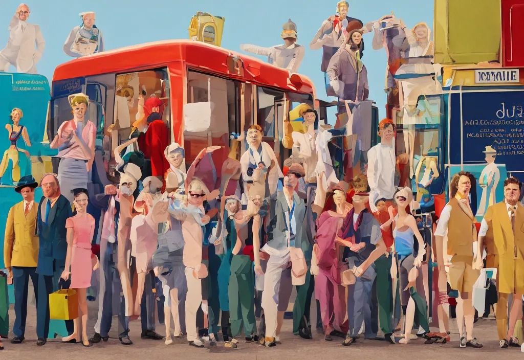 Image similar to full body portrait of a group, a row of a several european tourists getting off a tour bus, standing with a variety of poses and props, several character designs painting, sightseeing, in the style of wes anderson, lola dupre, david hockney, isolated on negative white space background dark monochrome neon spraypaint accents volumetric octane render