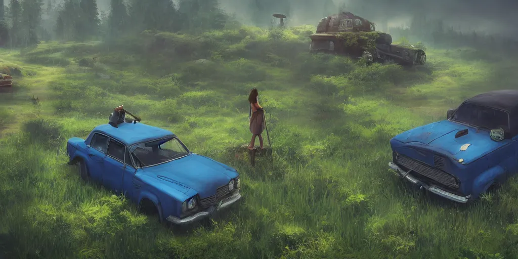 Image similar to blue knight sits on top of a green car, elegant scene, indian forest, wide angle, cinematic, ultrarealistic, trending on artstation, cgsociety, highly detailed, color graded, rendered in unreal engine 4 k hq, matte painting, by simon stalenhag, horizon forbidden west