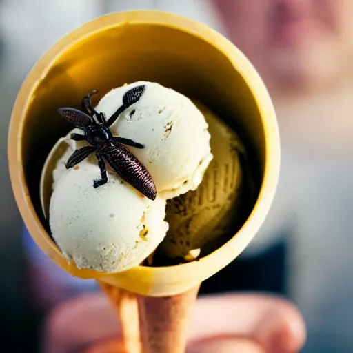 Prompt: photo an ice cream with bits of insects