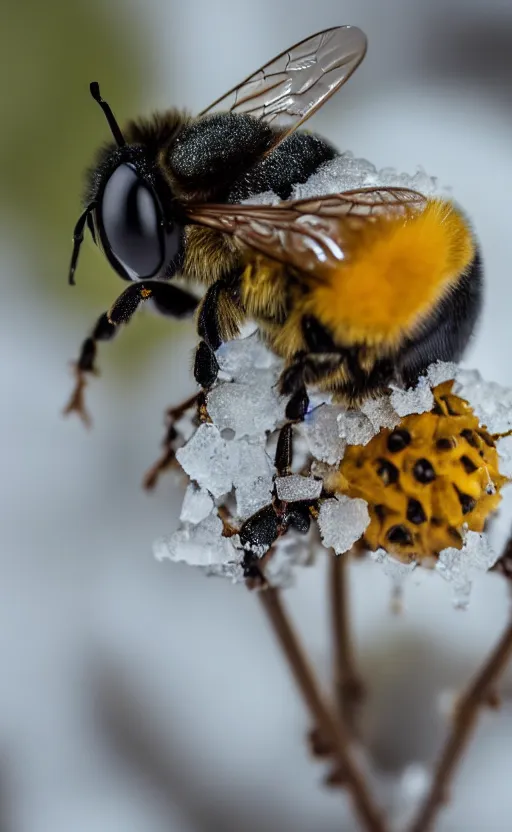 Prompt: a bee finding a beautiful flower, entrapped in ice, only snow in the background, beautiful macro photography, ambient light