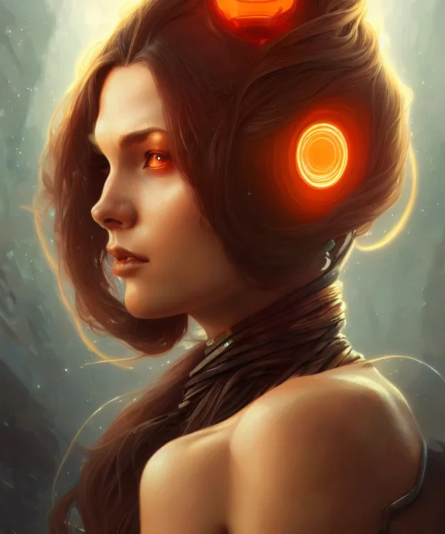 Image similar to futuristic woman portrait, sci-fi, amber eyes, face, long hair, fantasy, intricate, elegant, highly detailed, digital painting, artstation, concept art, smooth, sharp focus, illustration, art by artgerm and greg rutkowski and alphonse mucha