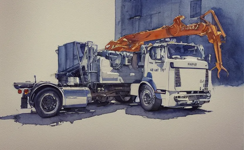 Image similar to concept art of a crane truck, pinterest, artstation trending, behance, watercolor, by coby whitmore, silver, laser light,