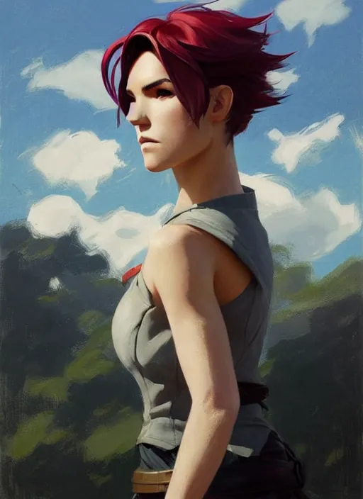 Prompt: portrait of Ruby rose of RWBY, countryside, calm, fantasy character portrait, dynamic pose, above view, sunny day, thunder clouds in the sky, artwork by Jeremy Lipkin and Giuseppe Dangelico Pino and Michael Garmash and Rob Rey, very coherent asymmetrical artwork, sharp edges, perfect face, simple form, 100mm