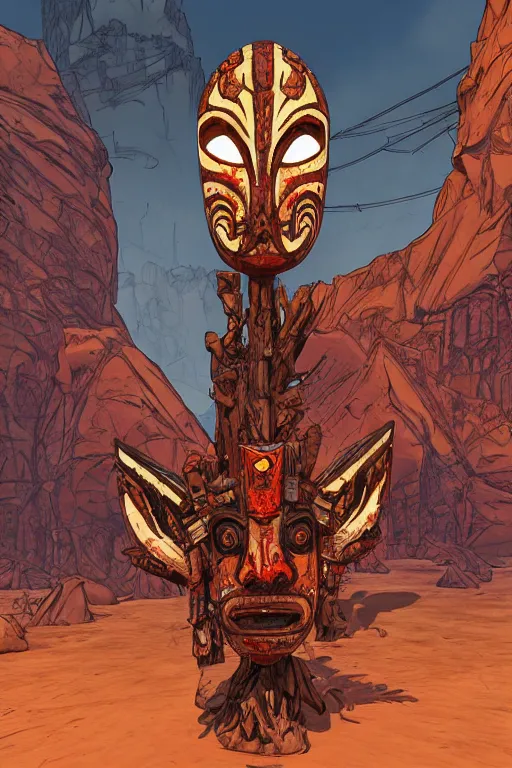 Image similar to totem tribal vodoo mask feather gemstone global illumination ray tracing hdr that looks like it is from borderlands and by feng zhu and loish and laurie greasley, victo ngai, andreas rocha, john harris