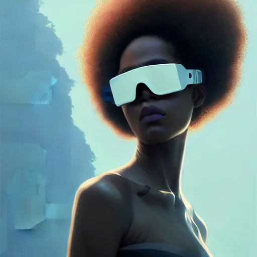 Image similar to Beautiful woman wearing opaque reflective goggles profile picture by Greg Rutkowski, brown skin, long afro hair, asymmetrical, futuristic, cool colors, streetwear, studio ghibli, Organic Painting , Matte Painting, geometric shapes, hard edges, street art, trending on the artstation, fantasy LUT, realistic by Sachin Teng + Martin Grip + Moebius, techwear, Industrial Scifi, detailed illustration, character portrait,