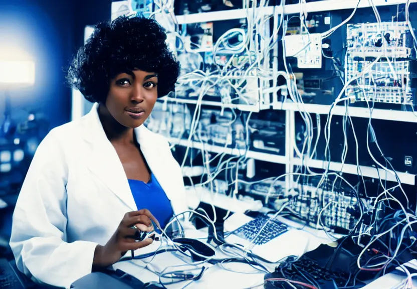 Prompt: dark skin woman wearing a white lab coat with a blue haircut, connected to wires and surrounded by 1 9 8 0 s computers, poloroid, dynamic lighting, dark ambience, detailed face, retro tech, 3 5 mm