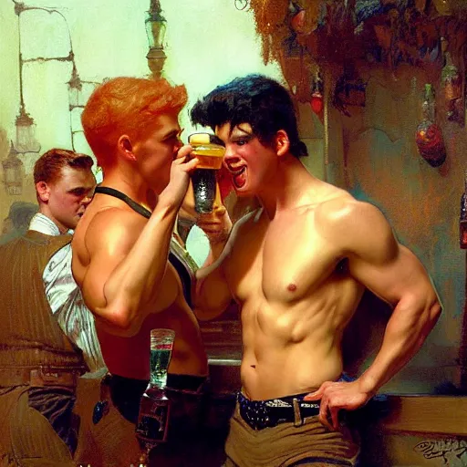 Image similar to handsome mike, wearing pants, with ginger hair with handsome tyler with black hair, drinking their hearts out, in a pub, no shirt. very defined and highly detailed painting by gaston bussiere, j. c. leyendecker, craig mullins 8 k